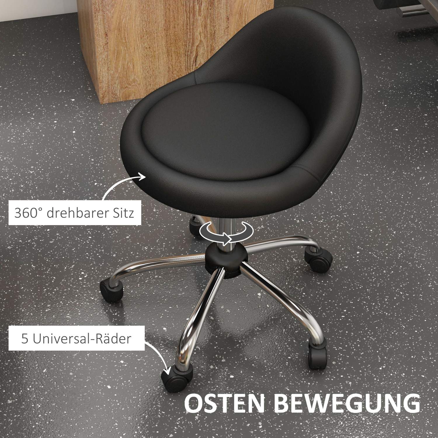 In hoogte verstelbare draaibare rolkruk, kunstleer, zwart