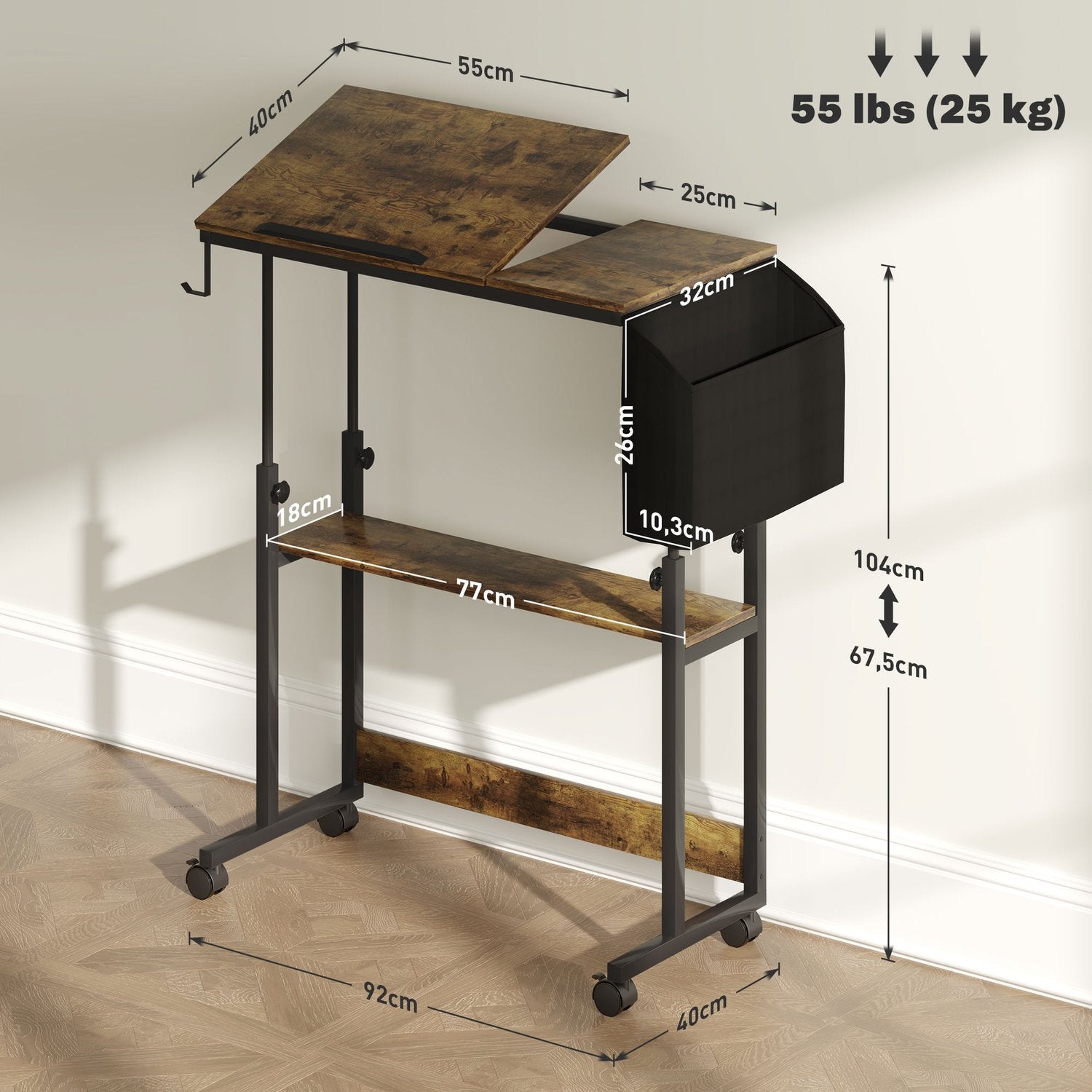 In hoogte verstelbare computerhoektafel, 92x40 cm, Rustiekbruin