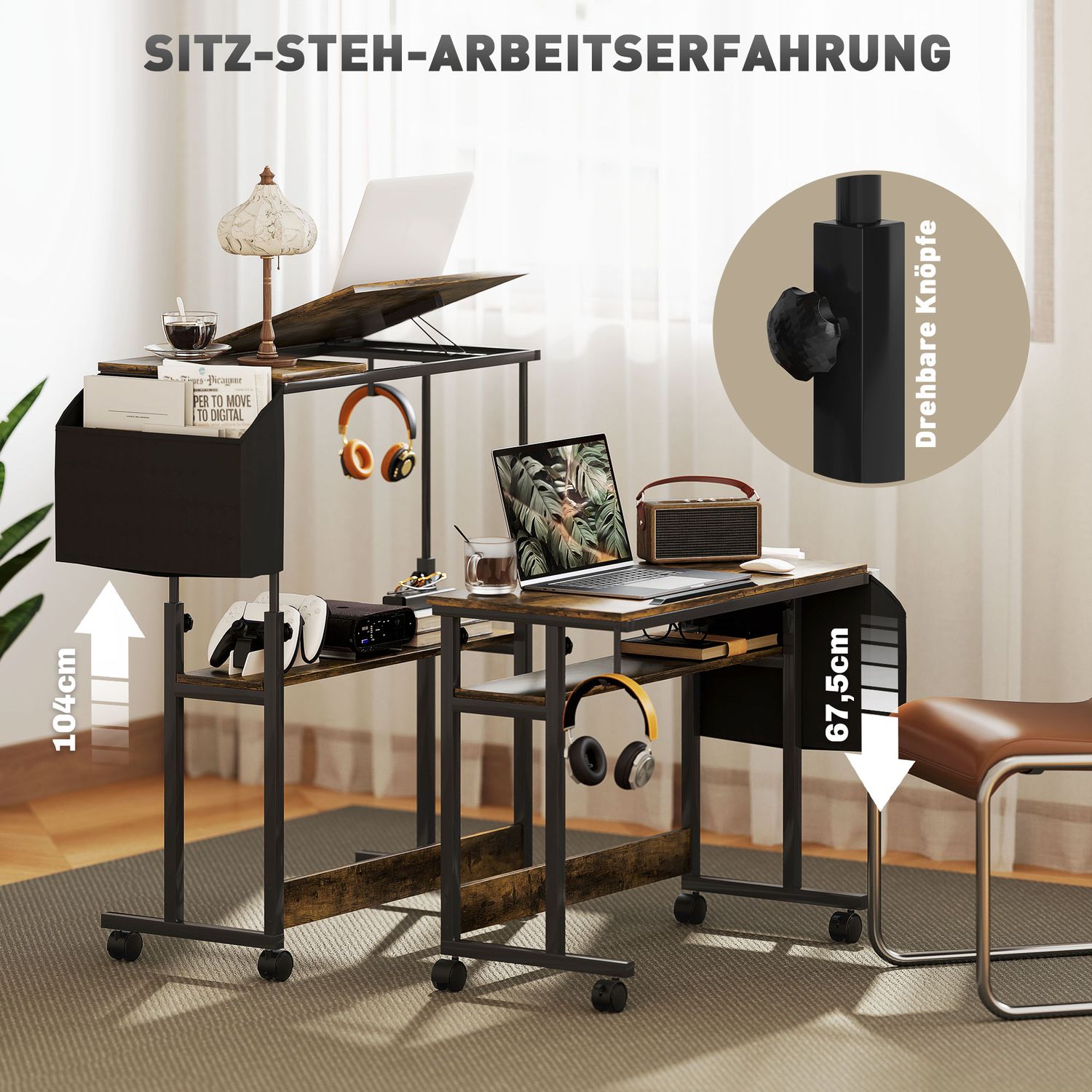 In hoogte verstelbare computerhoektafel, 92x40 cm, Rustiekbruin