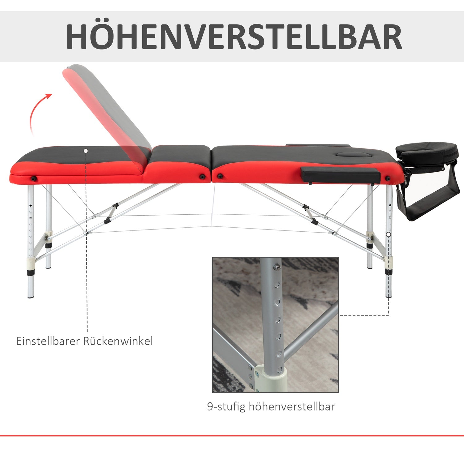 Höhenverstellbare klappbare Massageliege, Aluminium & Schaumstoff, 215 x 60 cm