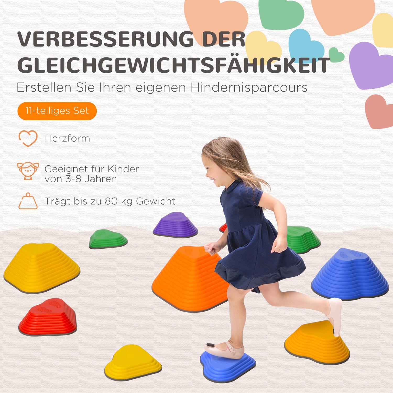 Hartvormige stapstenen – 11 stuks, kleurrijk, antislip, 3-8 jaar