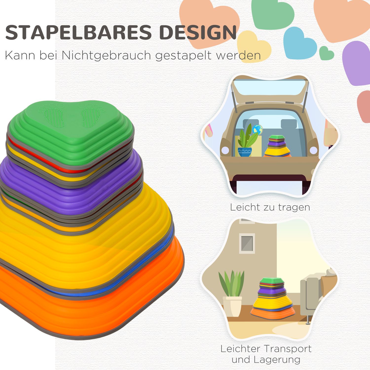 Hartvormige stapstenen – 11 stuks, kleurrijk, antislip, 3-8 jaar
