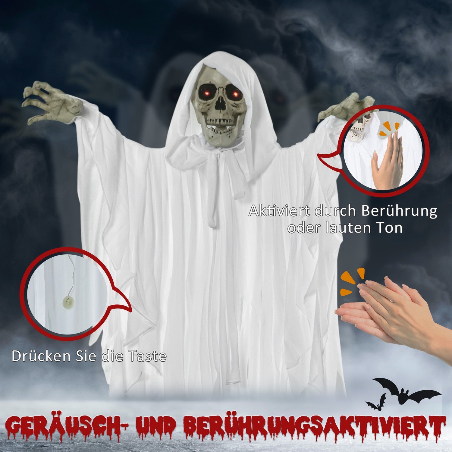 Glow-in-the-dark hangend skelet met geluid, 153 cm