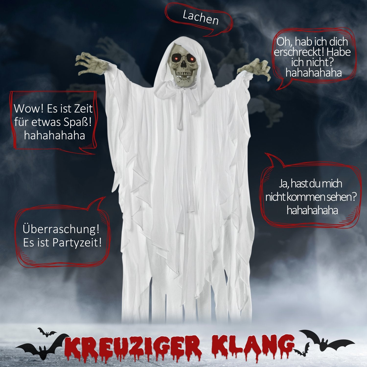 Glow-in-the-dark hangend skelet met geluid, 153 cm