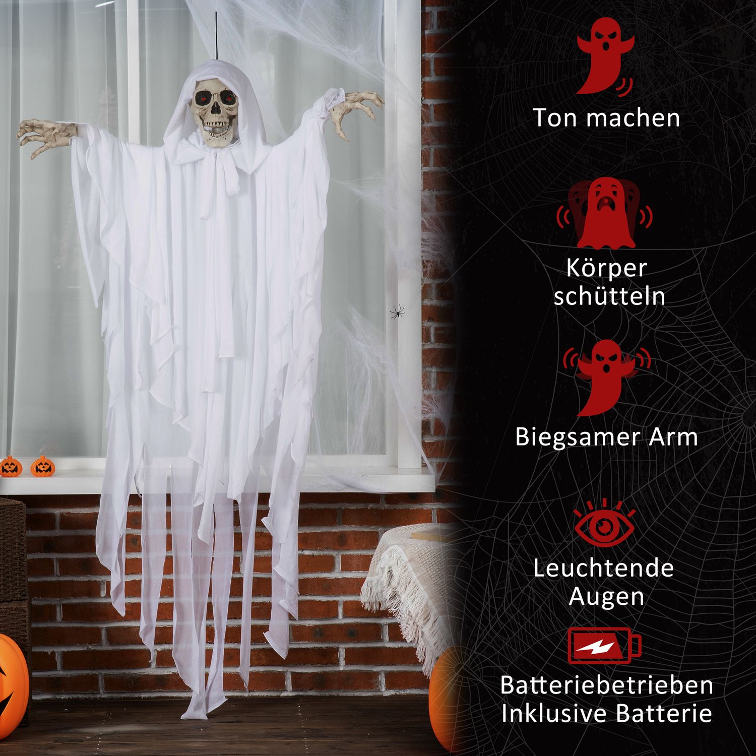 Glow-in-the-dark hangend skelet met geluid, 153 cm