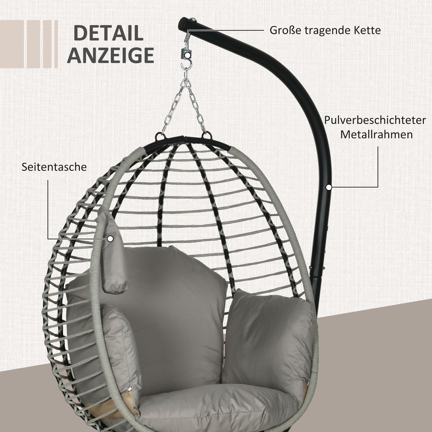 Hangende schommelstoel met kussen – 120 kg capaciteit, staalgrijs