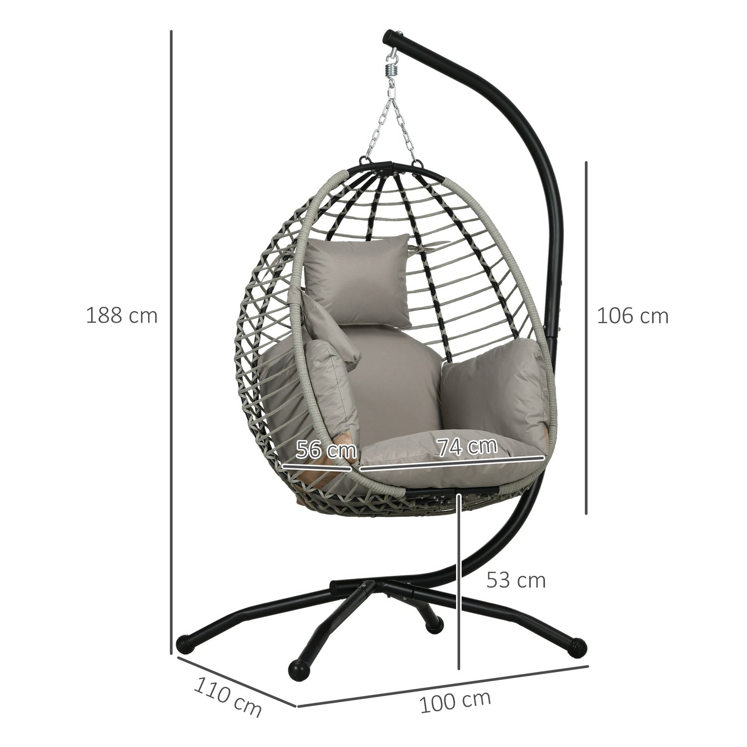 Hangende schommelstoel met kussen – 120 kg capaciteit, staalgrijs