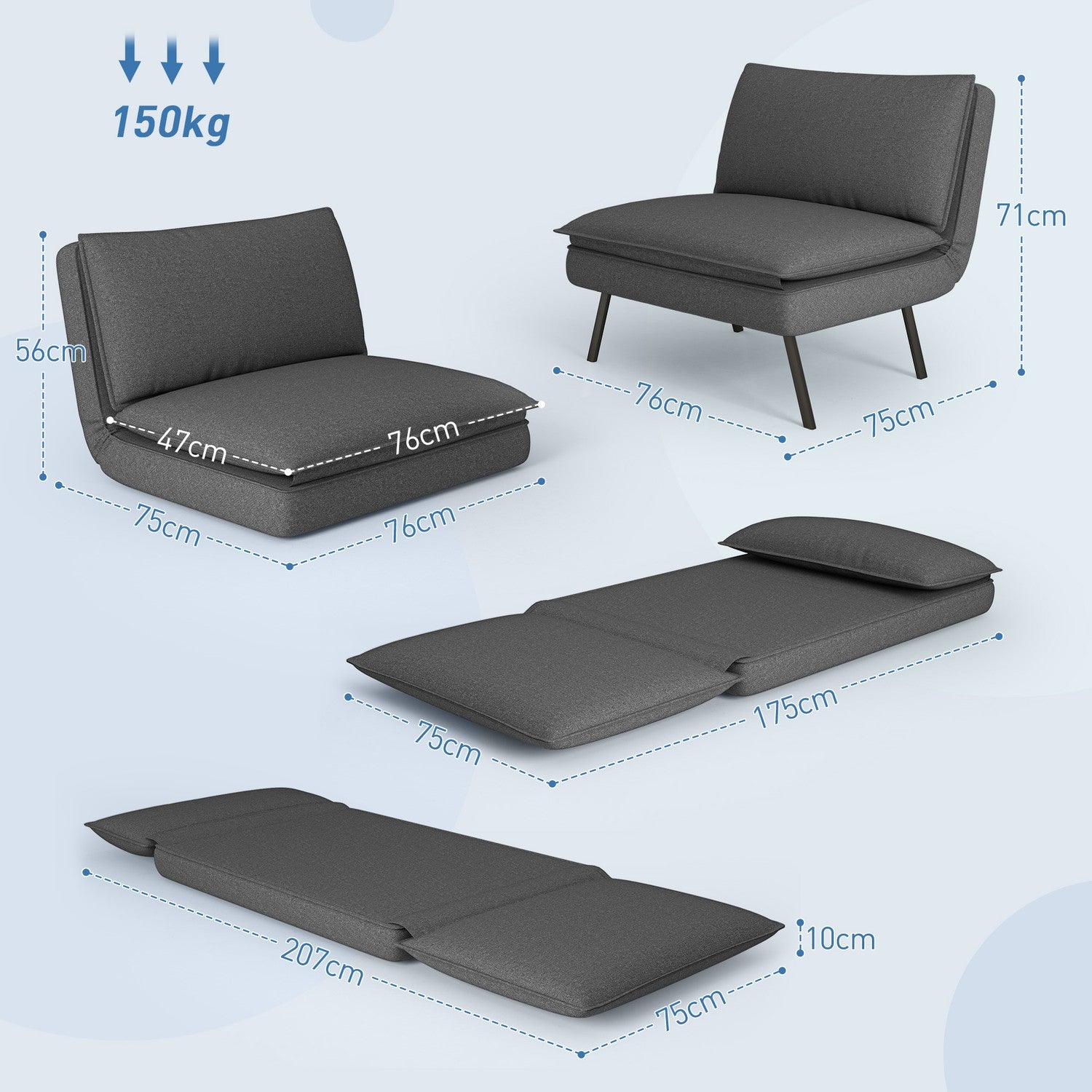 Opvouwbare slaapbank, 4-in-1, linnenlook, donkergrijs, 150 kg Draagvermogen