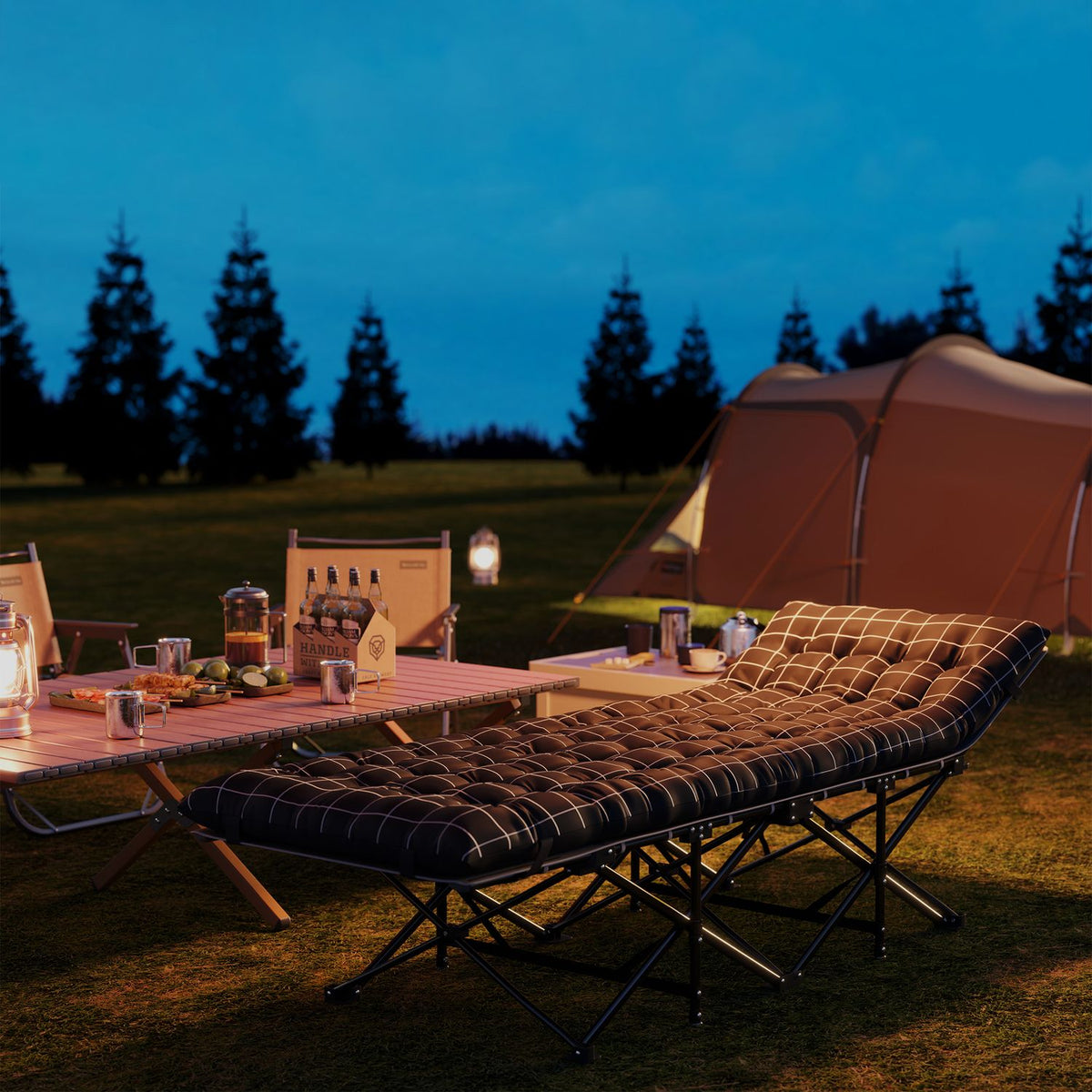 Opklapbaar campingbed met zijvak – antislip, draagvermogen 150 kg
