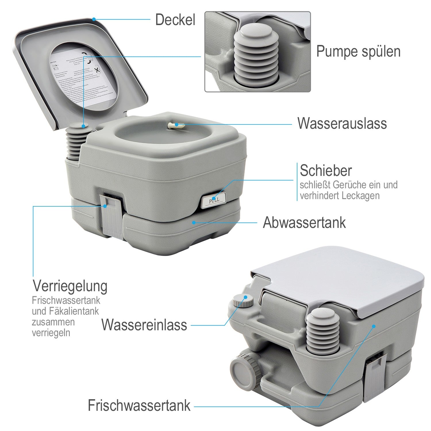 Opvouwbaar campingtoilet, 200kg draagvermogen, 10L, Grijs
