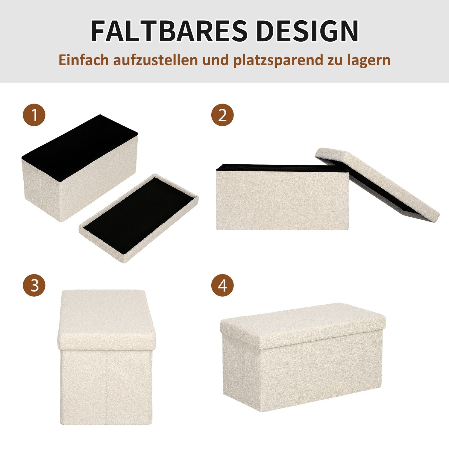 Banc de rangement pliant aspect velours – crème, 76x38x38 cm