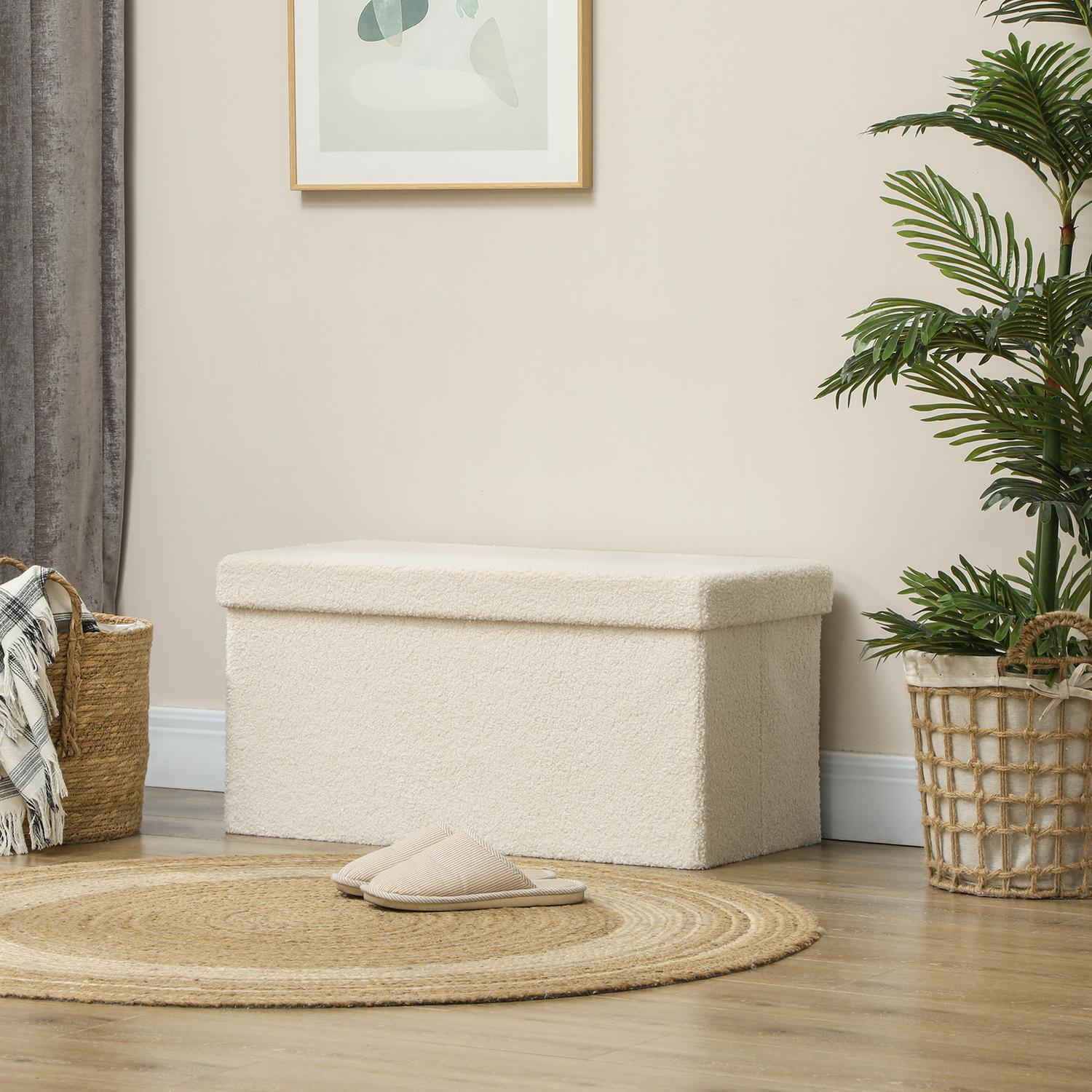 Banc de rangement pliant aspect velours – crème, 76x38x38 cm