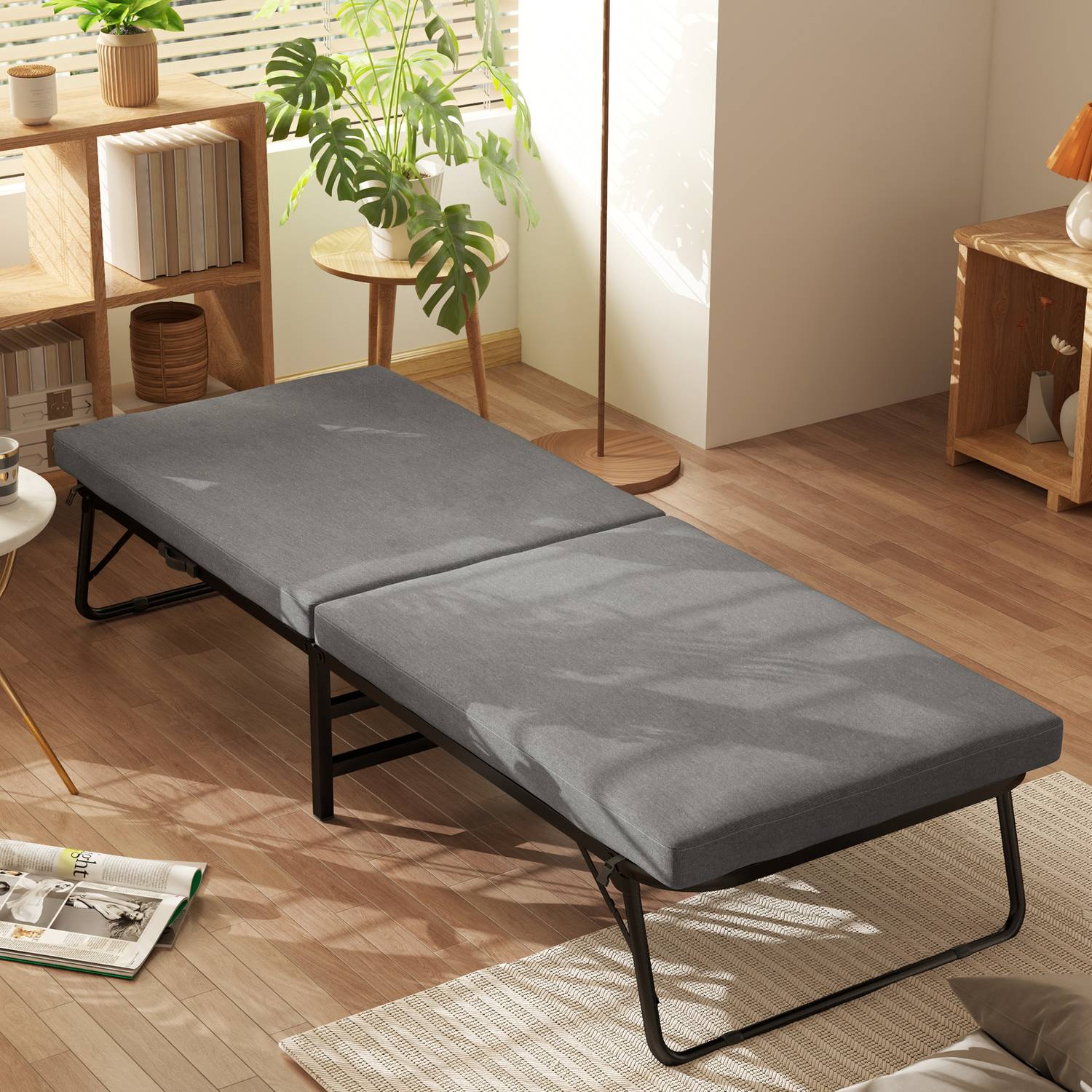 Opvouwbaar logeerbed met schuimmatras, metalen frame, donkergrijs