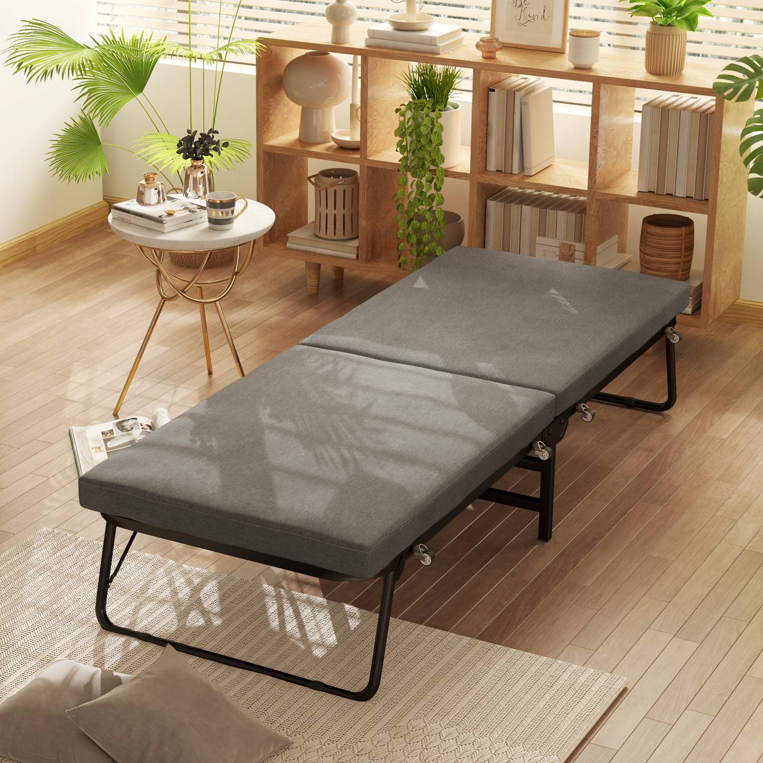 Opvouwbaar logeerbed met schuimmatras, metalen frame, donkergrijs