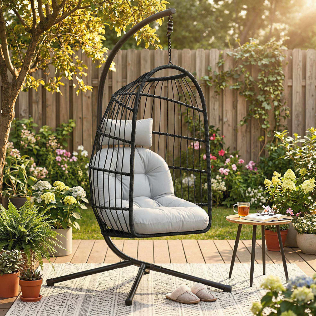 Opvouwbare hangstoel van polyrattan met standaard en kussens