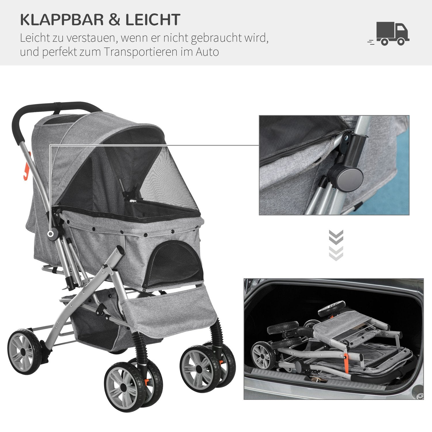 Opvouwbare hondenbuggy met gaasvensters en opbergmand