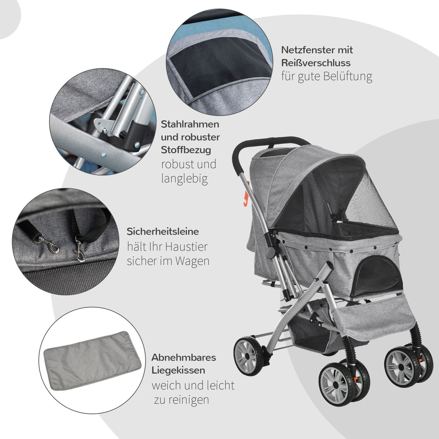 Opvouwbare hondenbuggy met gaasvensters en opbergmand