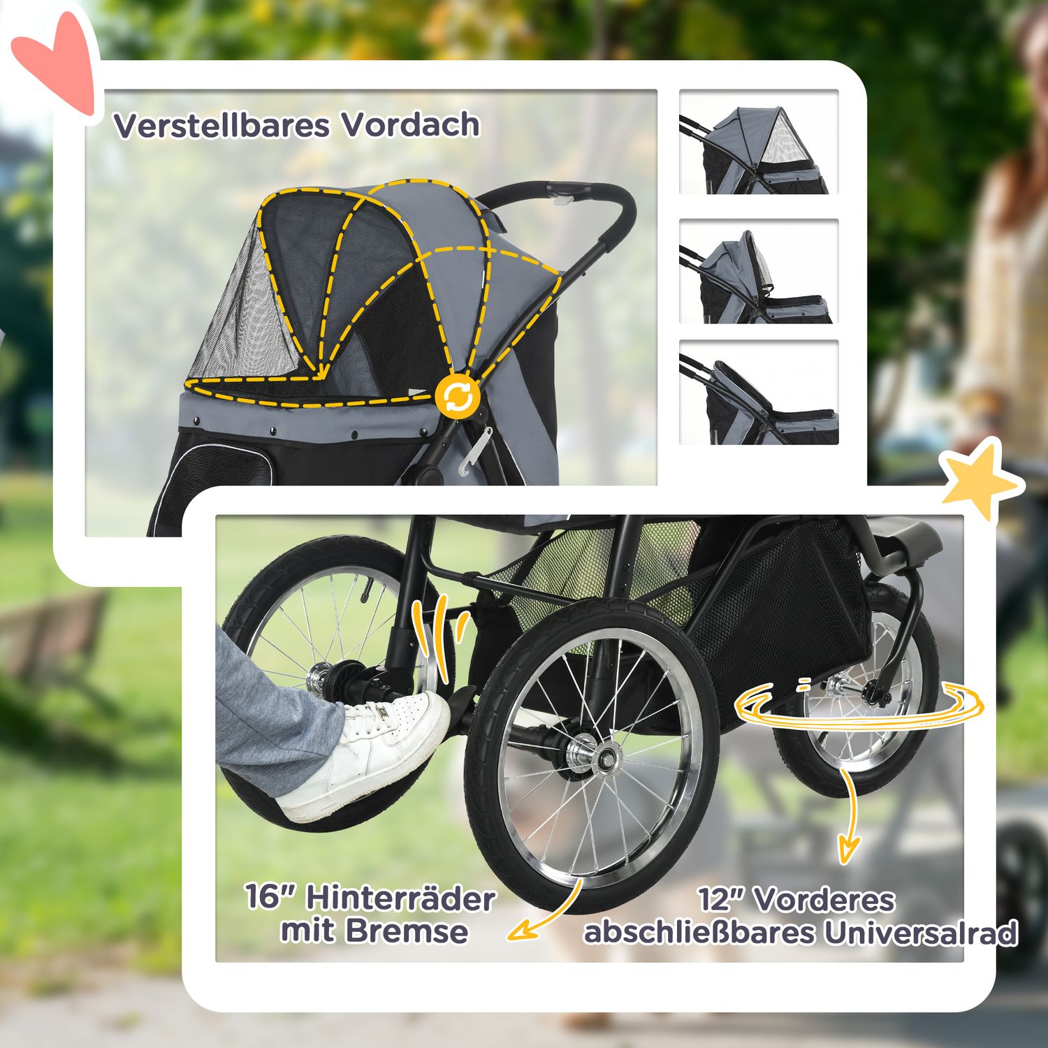 Opvouwbare dierenwagen met reflectoren, gaas en zonwering