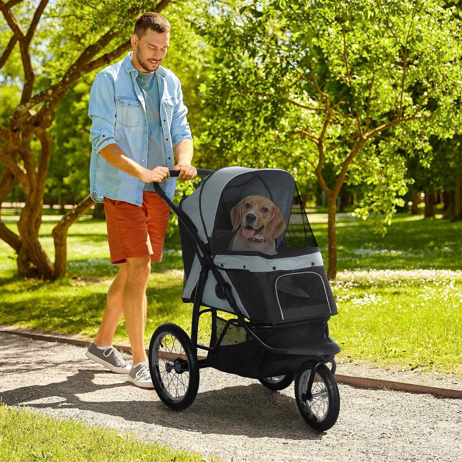 Opvouwbare dierenwagen met reflectoren, gaas en zonwering