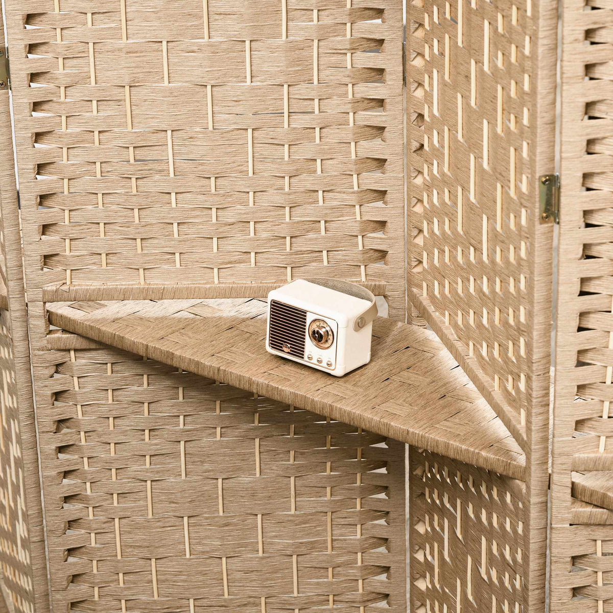 Opvouwbare kamerscherm met 4 panelen en planken, naturel hout