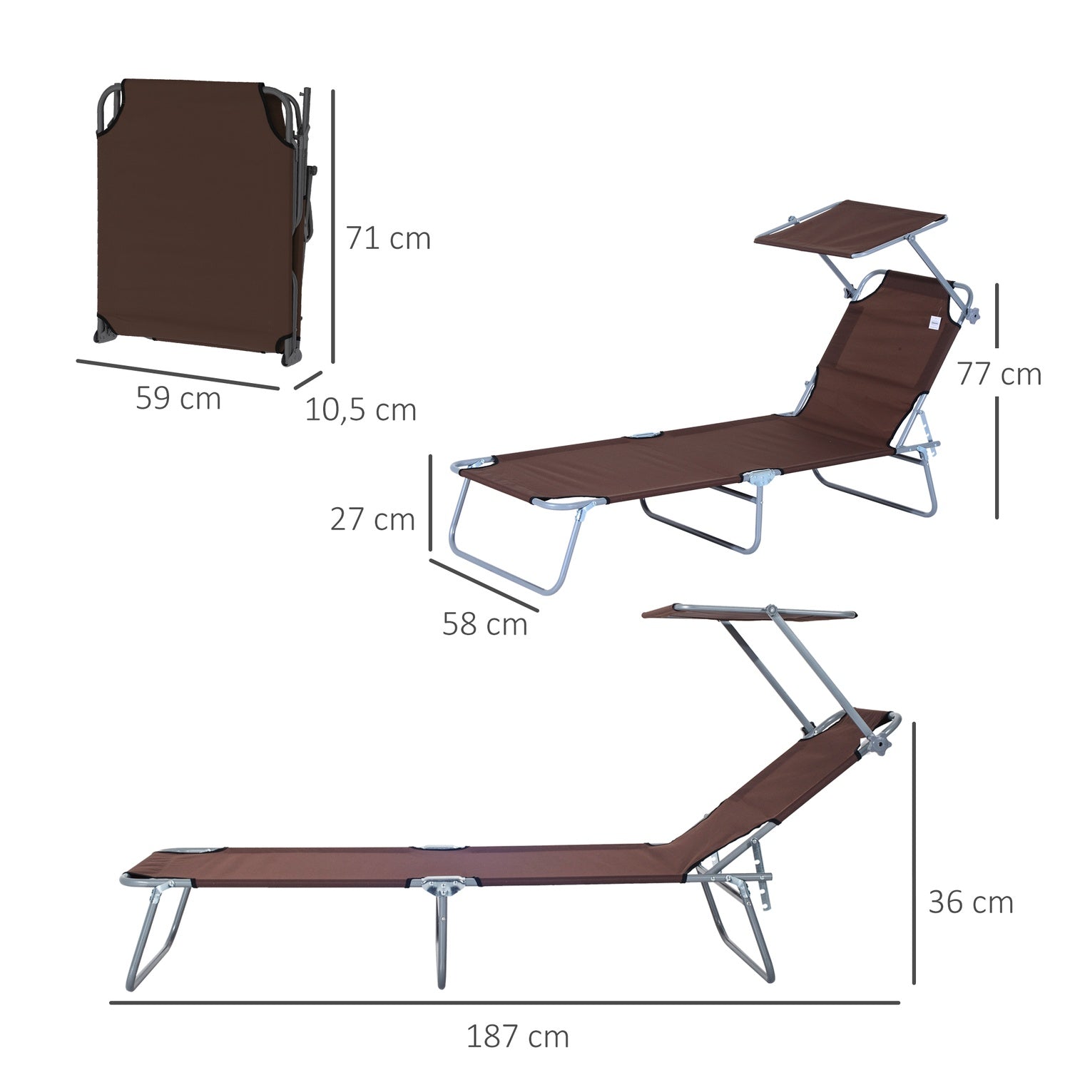 Opvouwbare ligstoel met zonnescherm, bruin, 187x58x36 cm