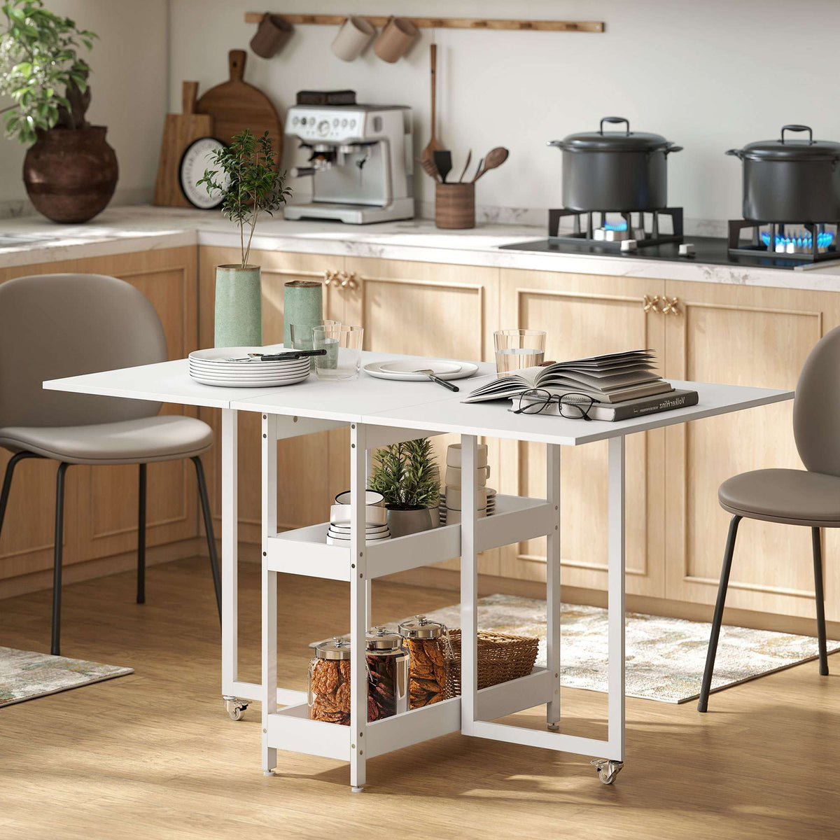 Opklapbare eettafel, industrieel ontwerp, plaats voor 4 personen, wit