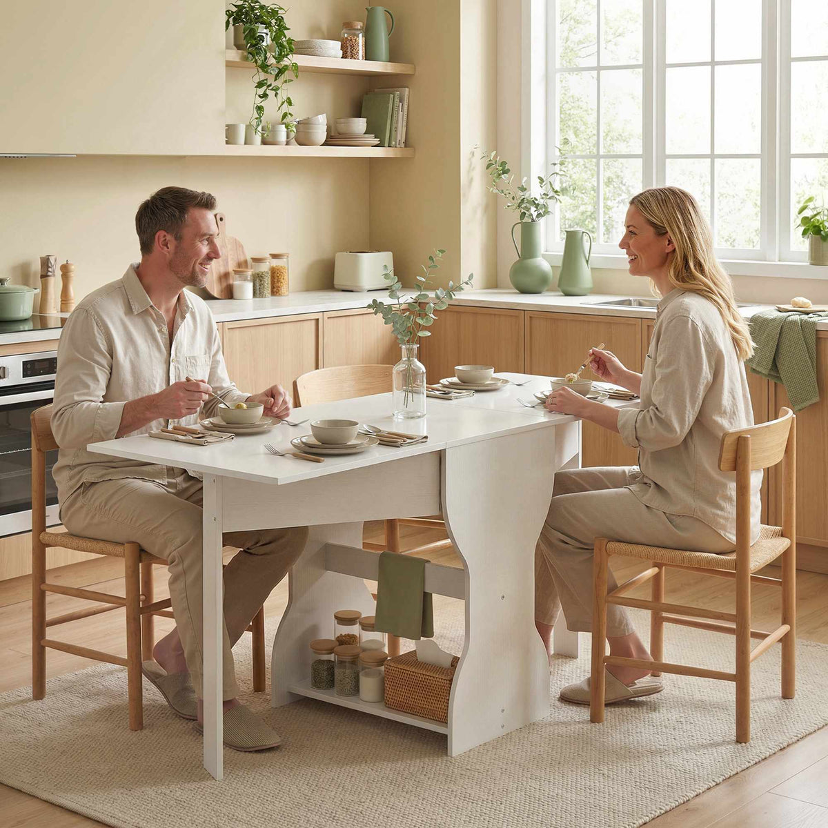 Opklapbare eettafel met opbergruimte, voor 2-4 personen, wit, 160x60x75 cm
