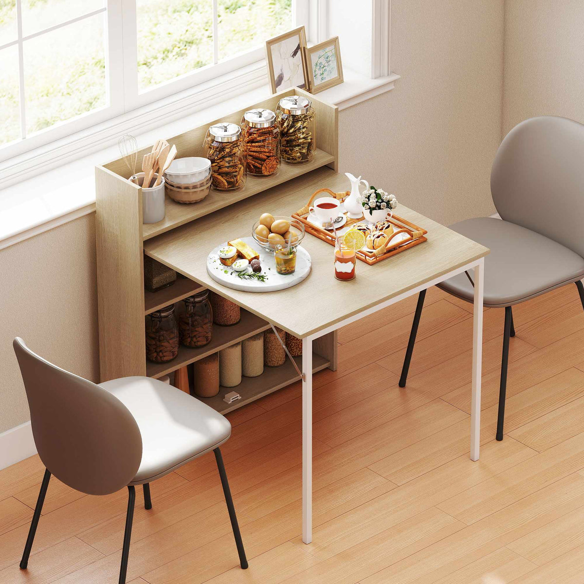 Inklapbare eettafel met plank, industrieel ontwerp, eiken, ruimtebesparend