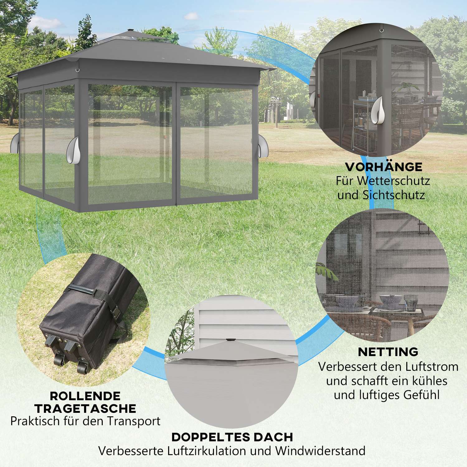 Opvouwbaar tuinpaviljoen 3x3m met LED en gordijnen