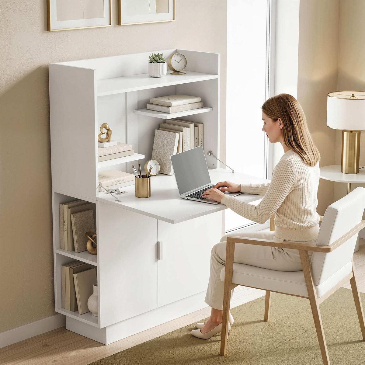 Opklapbaar bureau met planken en kast, 128 cm, wit