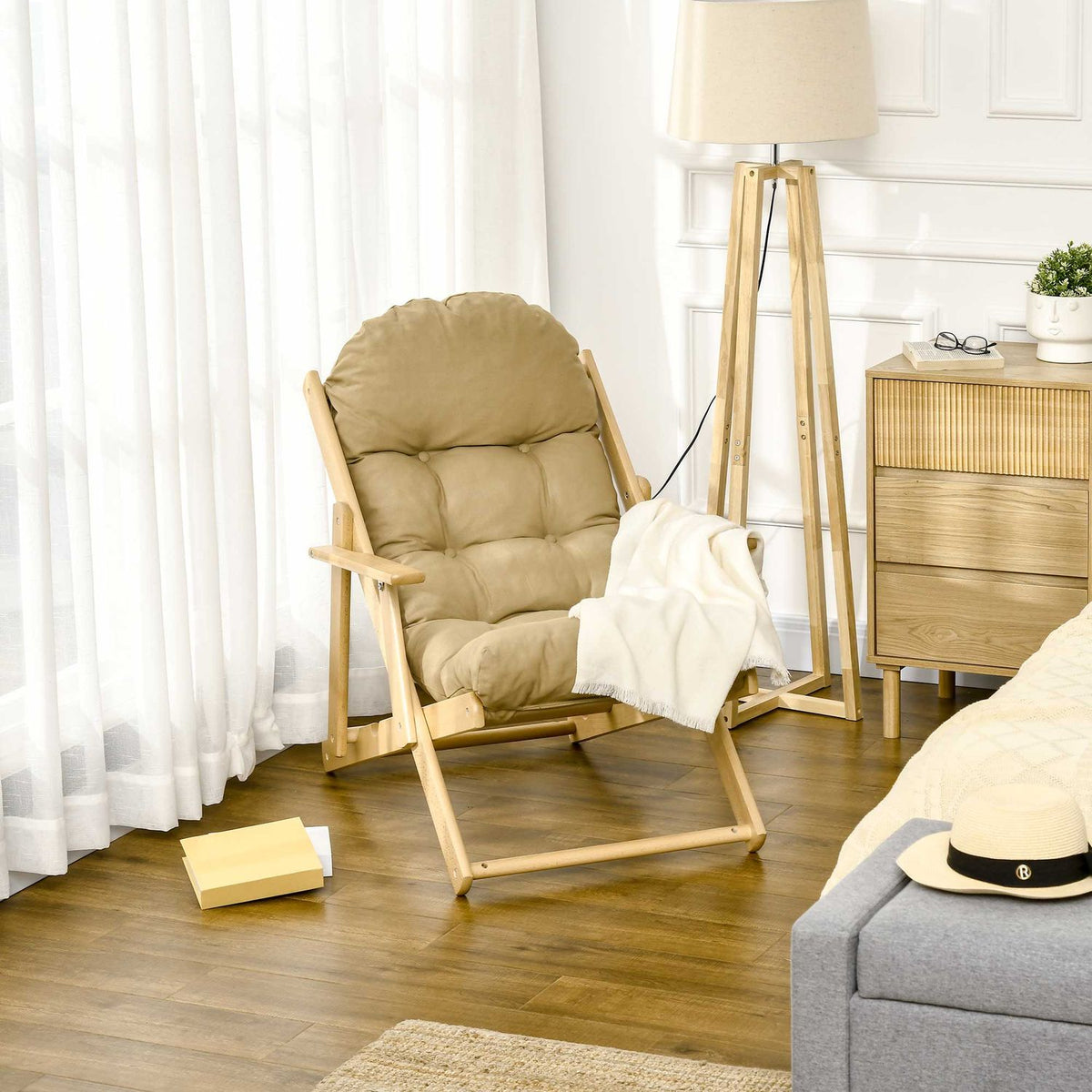Opvouwbare ligstoel, linnen bekleding, beukenhout, bruin