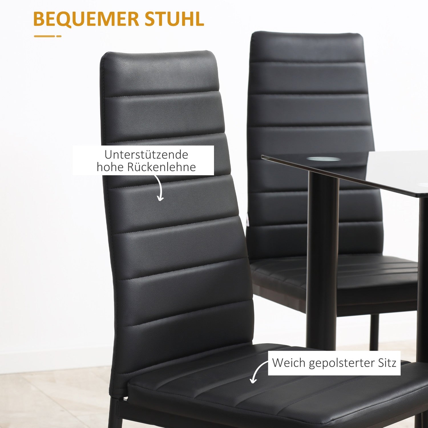 Gehard glazen 5-delige eetset, tafel en zwarte stoelen
