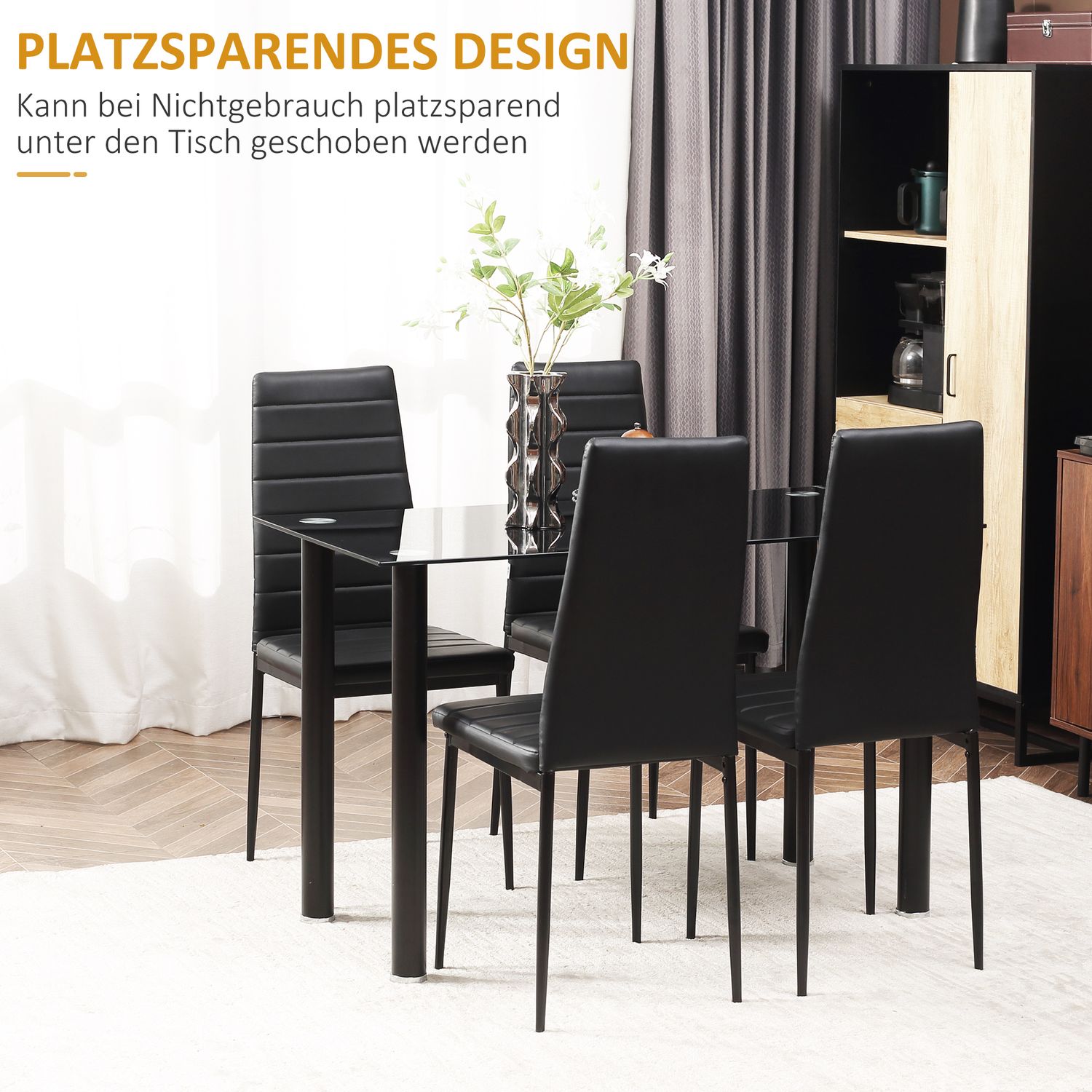 Gehard glazen 5-delige eetset, tafel en zwarte stoelen