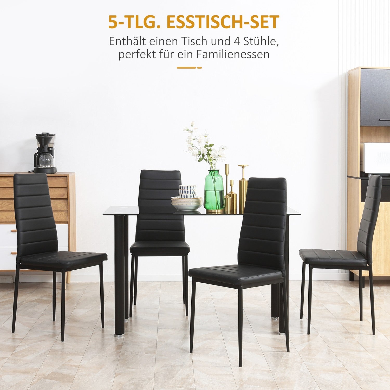 Gehard glazen 5-delige eetset, tafel en zwarte stoelen