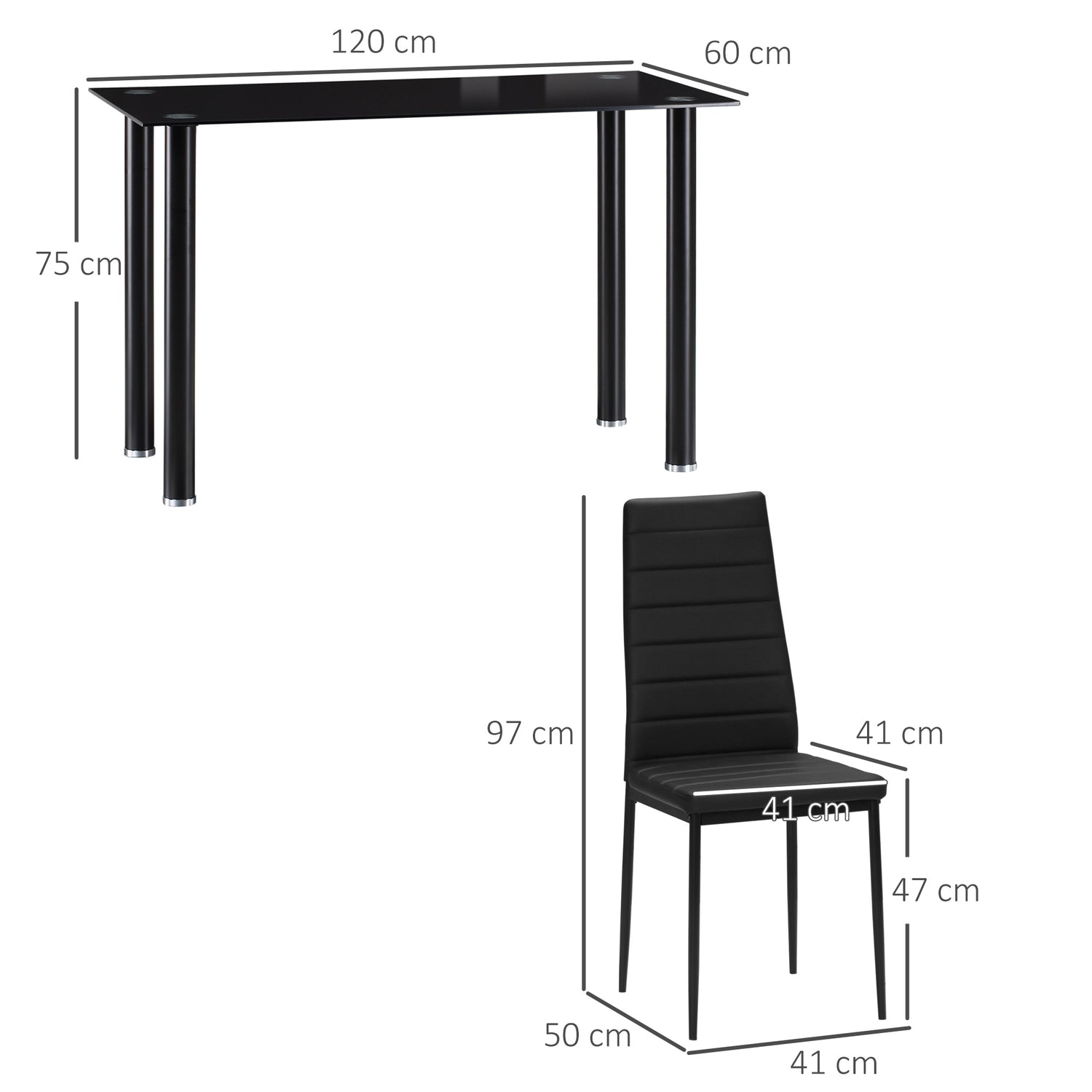 Gehard glazen 5-delige eetset, tafel en zwarte stoelen