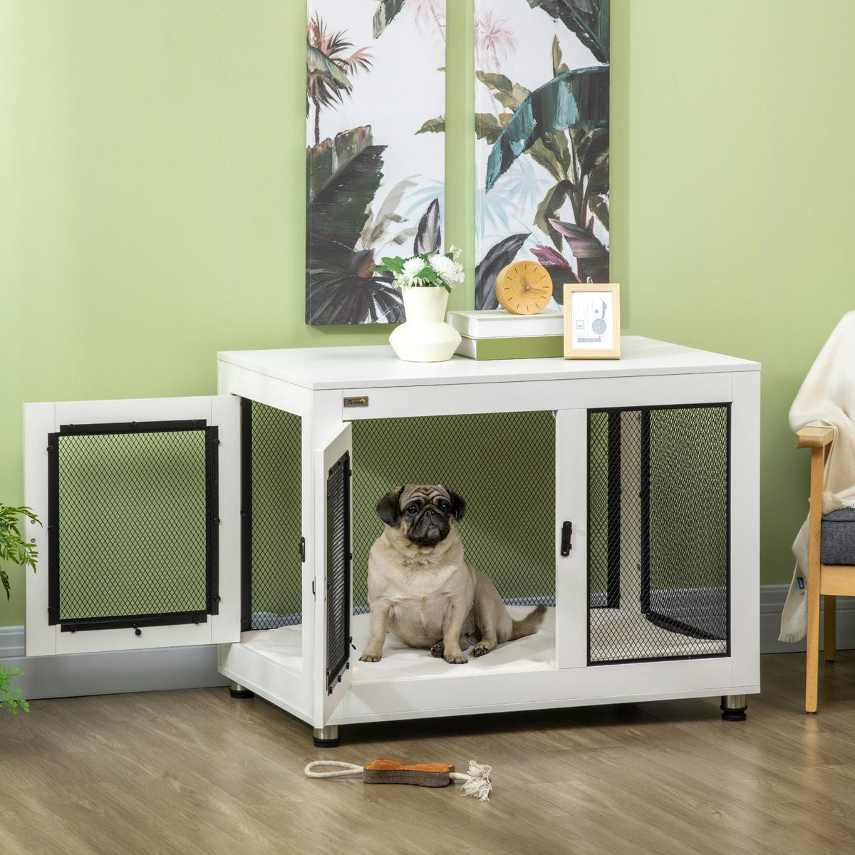 Hondenbench met tafelblad en kussen - voor binnen, 2 deuren, wit/zwart