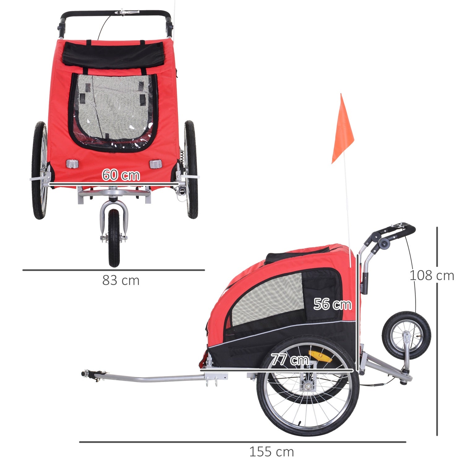 Hondenfietskar – Rood & Zwart, 155 x 83 x 108 cm