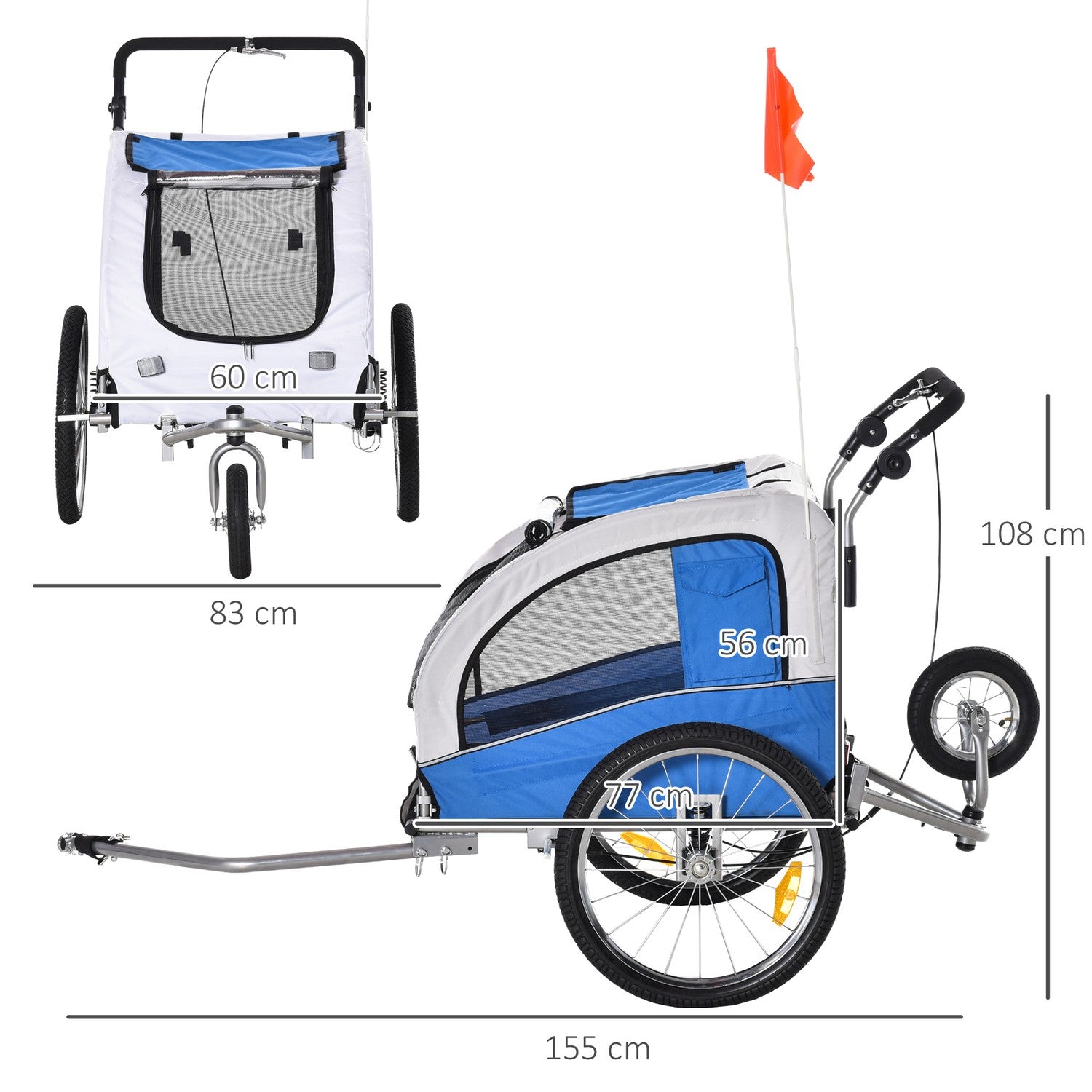 Hondfietskar en joggingkar, blauw/grijs, 155 x 83 x 108 cm
