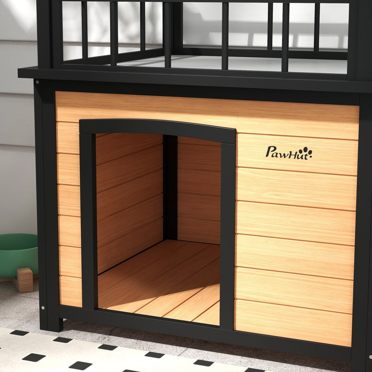 Hondenhok met balkon en trap - vurenhout, geel