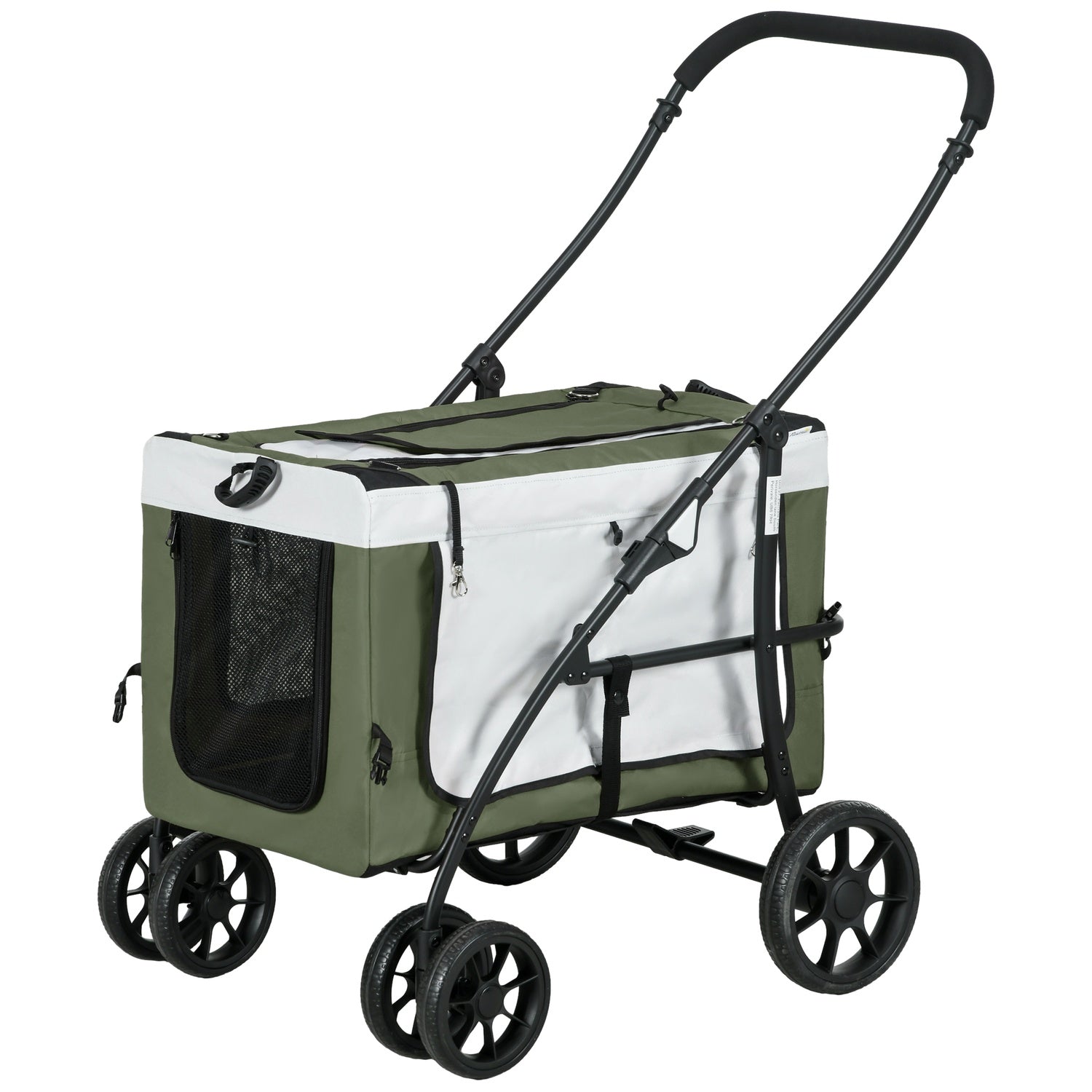 Hondenbuggy, huisdierwagen, hondenwagen, opvouwbaar, afneembare mand, 81 x 58 x 97,5 cm, zwart + donkergroen + wit
