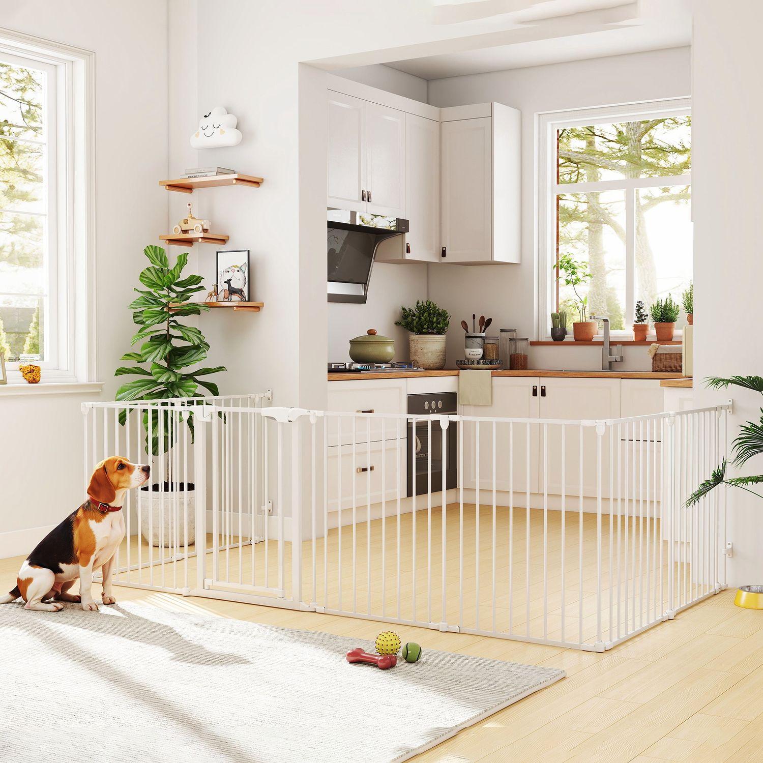 Husdjursgrind, vikbar barriär med 8 paneler och dörr, vit