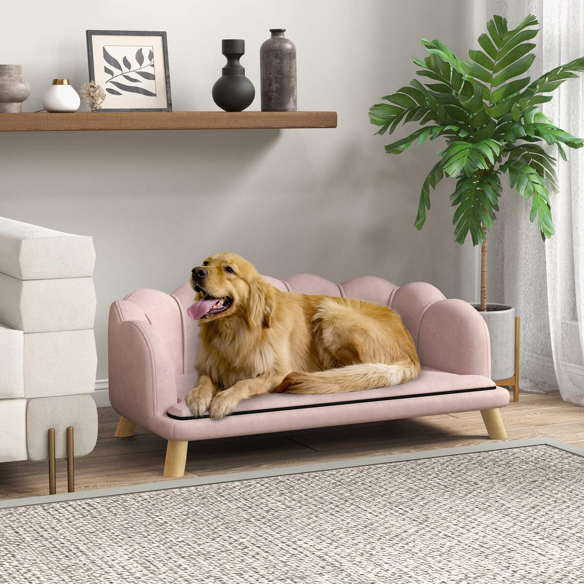 Huisdierenbank met wasbare hoes, houten poten – roze