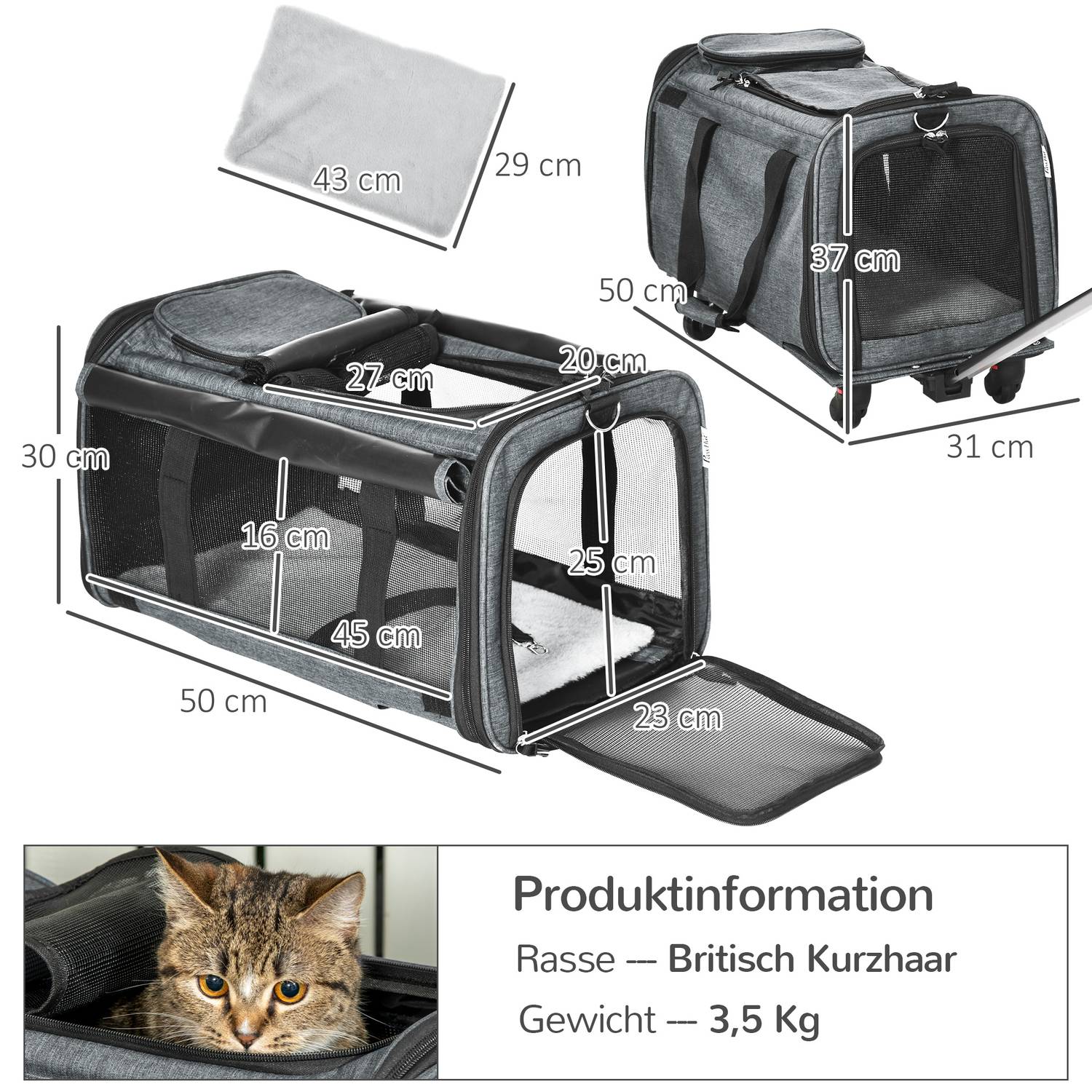 Dierenvervoerswagen – 3-in-1, telescopische handgreep, grijs