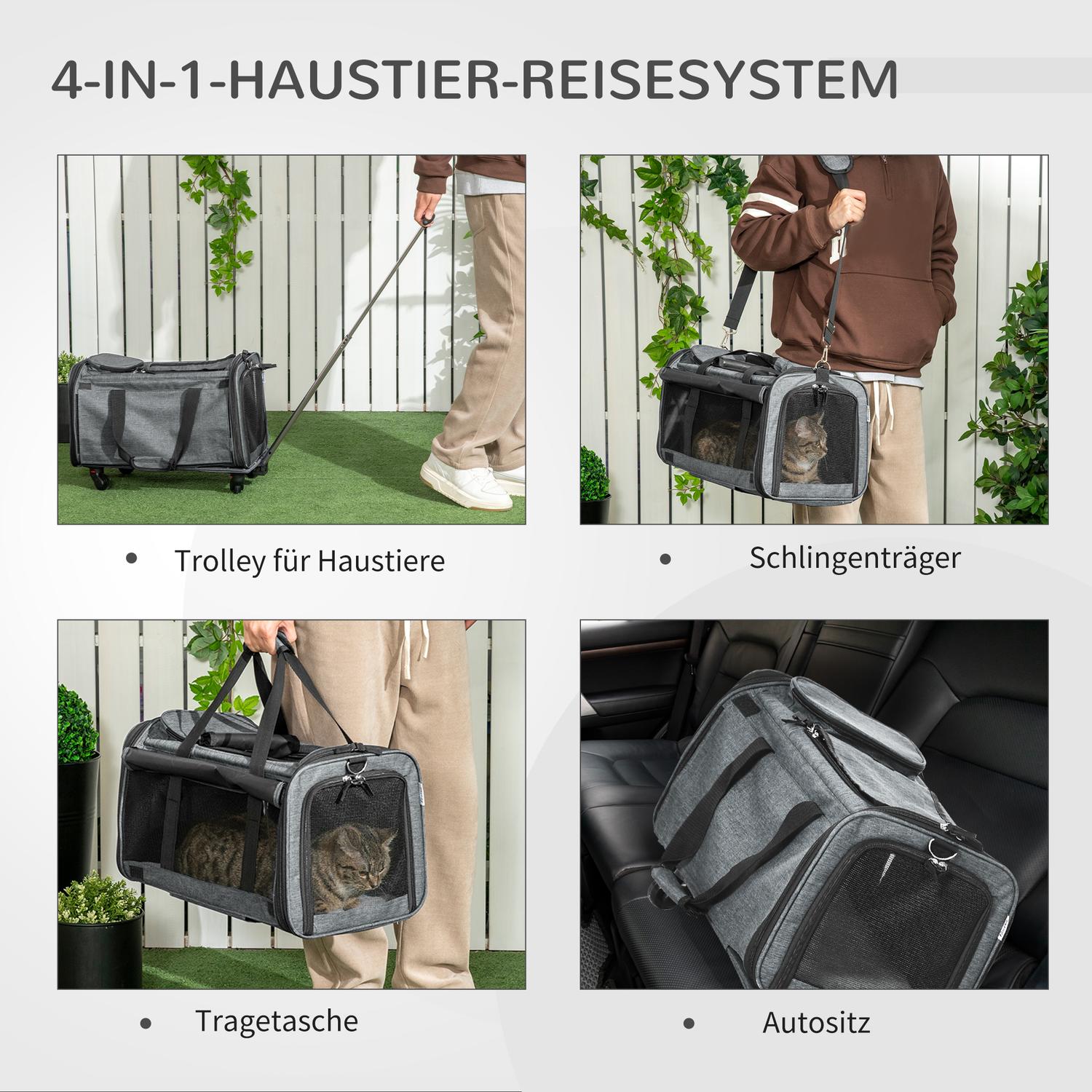 Dierenvervoerswagen – 3-in-1, telescopische handgreep, grijs