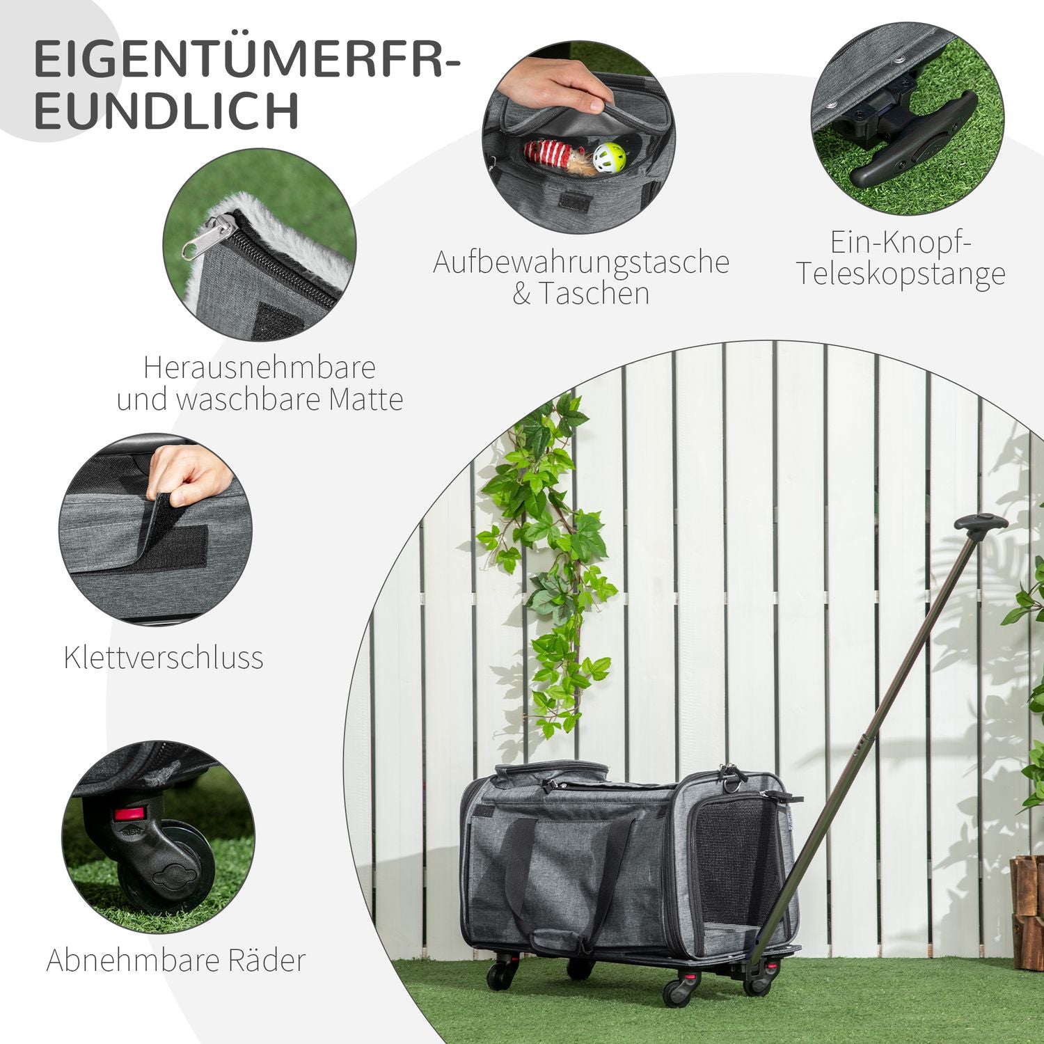 Dierenvervoerswagen – 3-in-1, telescopische handgreep, grijs