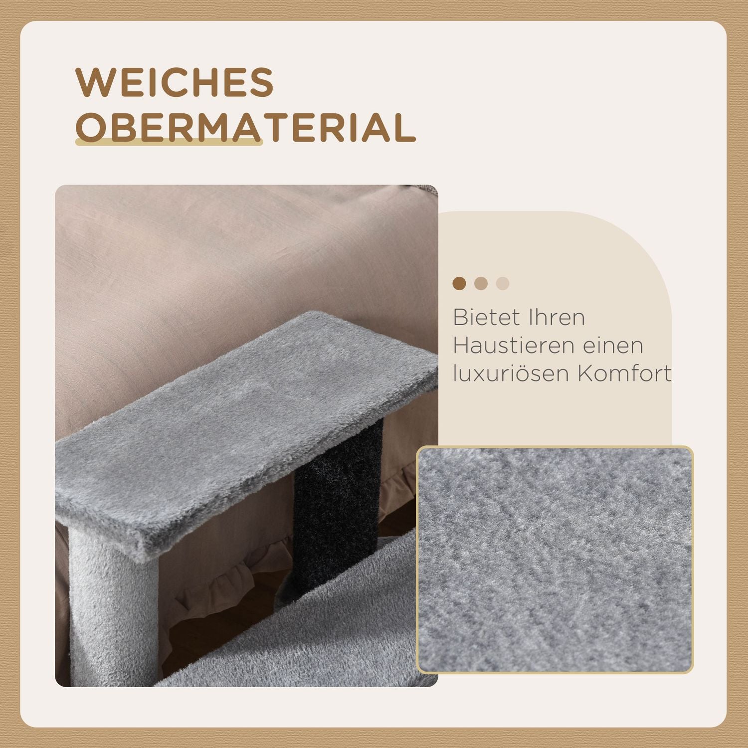 Huisdierentrap, 3 treden met speelbal, pluche grijs 45x40x48cm