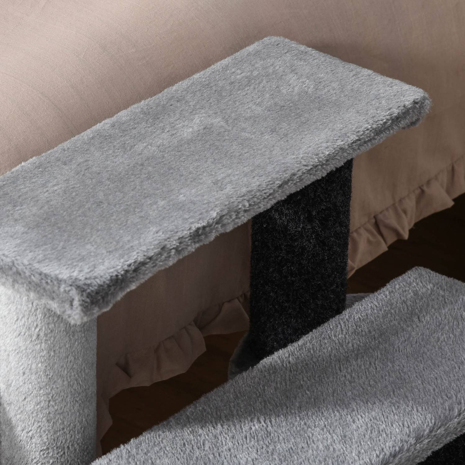 Huisdierentrap, 3 treden met speelbal, pluche grijs 45x40x48cm