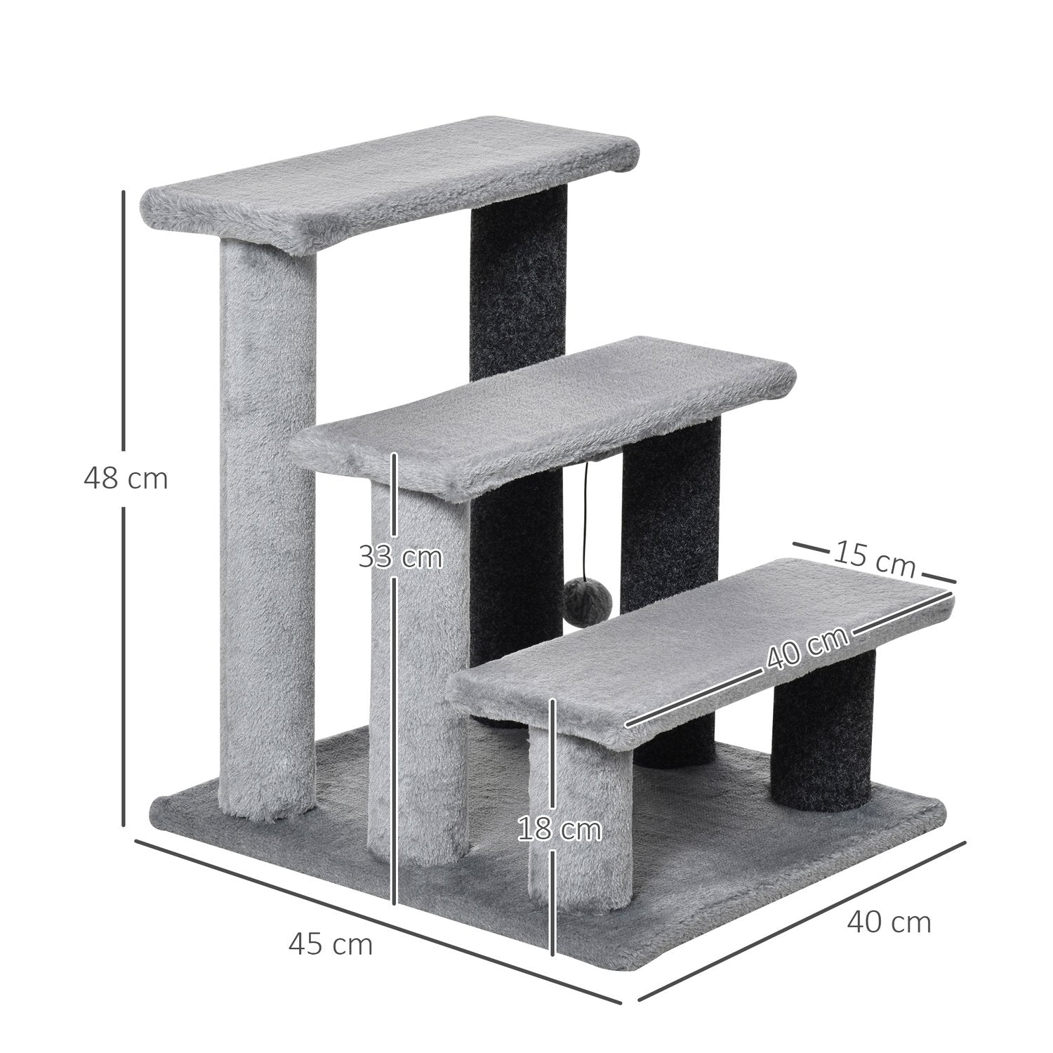 Huisdierentrap, 3 treden met speelbal, pluche grijs 45x40x48cm