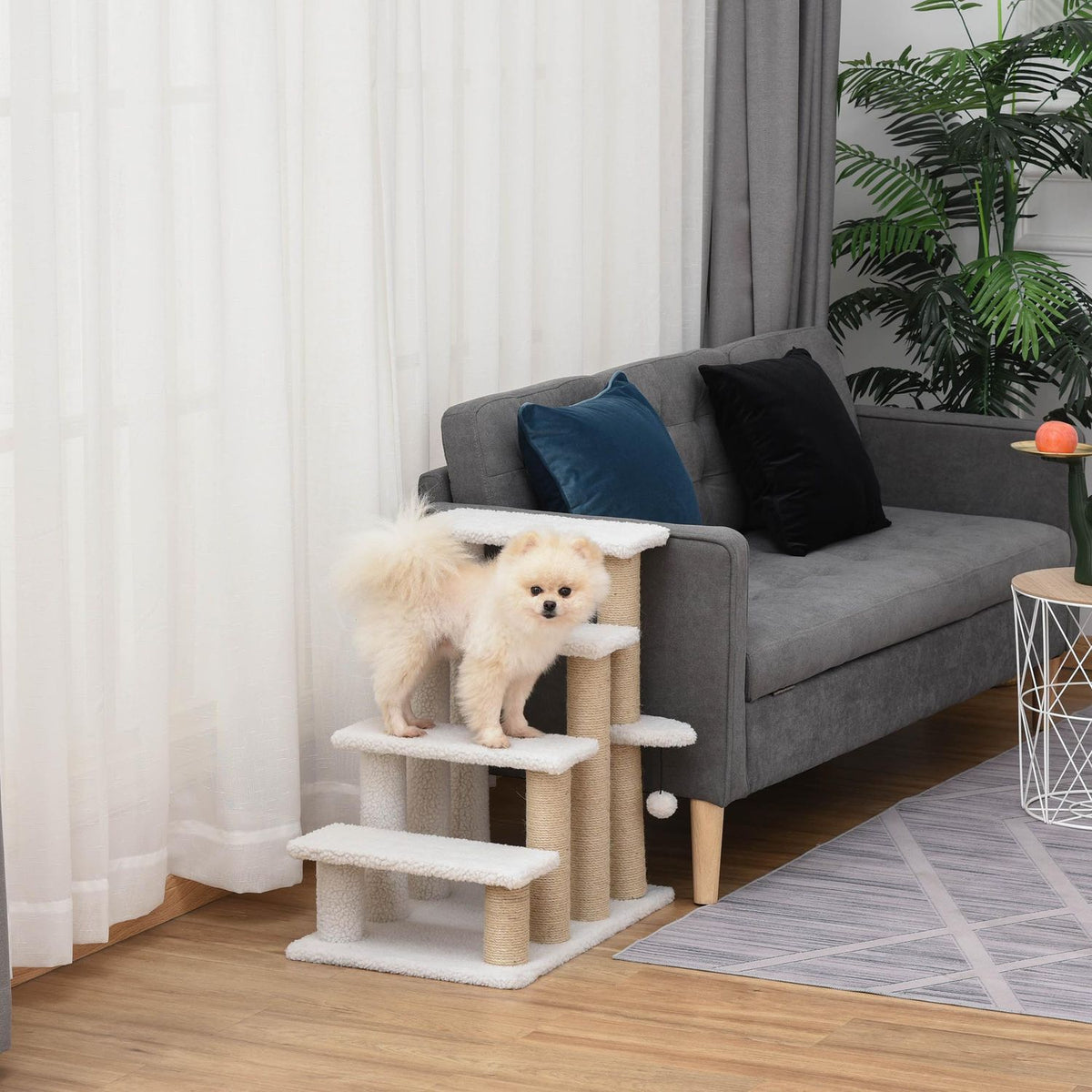 Huisdierentrap met krabpaal, 4 treden, pluche jutewit