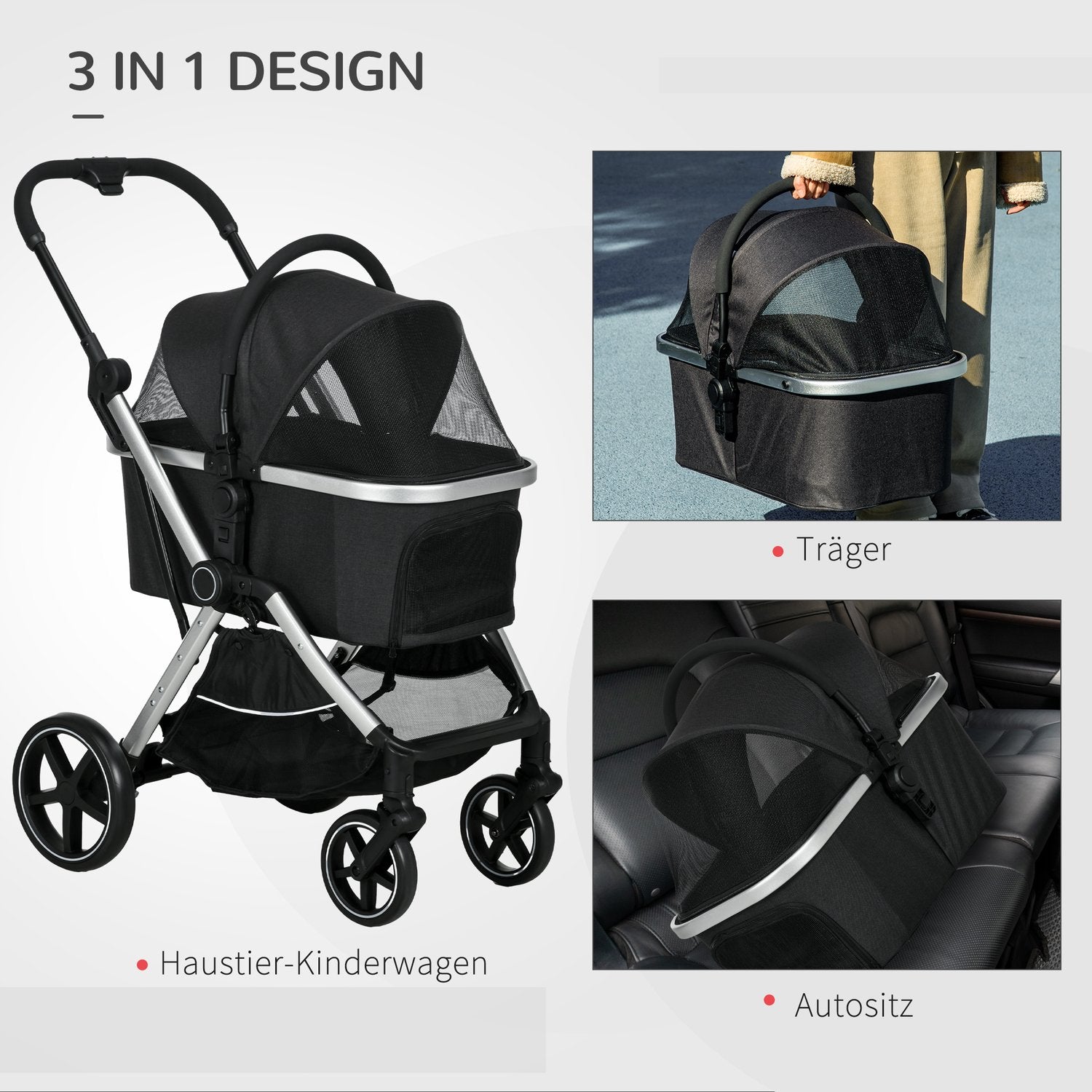Huisdierenwagen honden-/kattenbuggy, veiligheidsriem, regenhoes